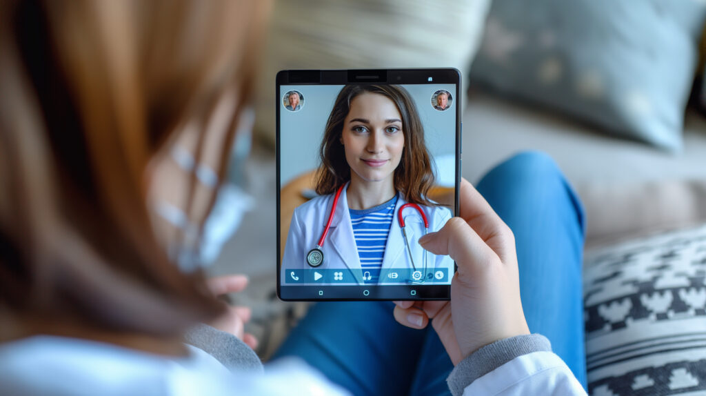 A patient receiving telepsychiatry consultation via a smartphone with a healthcare provider
